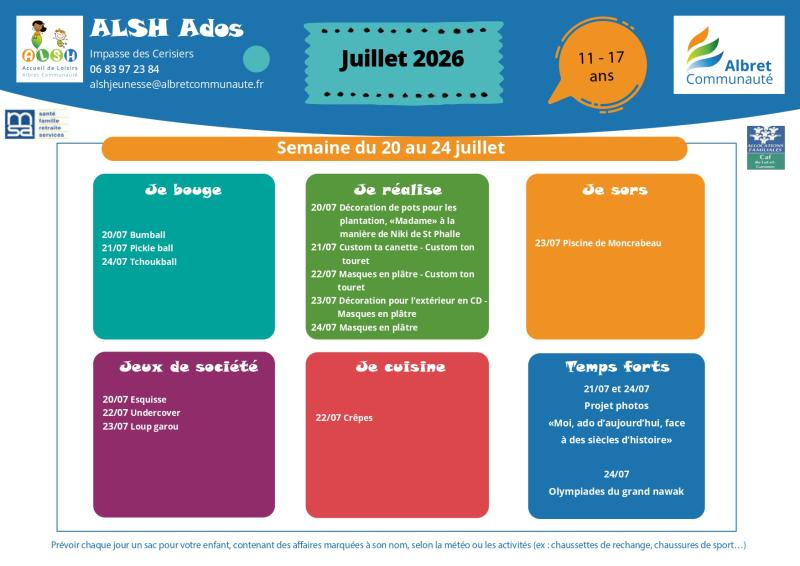 ALSH ados planning vacances 20 24 juillet 11 17 ans
