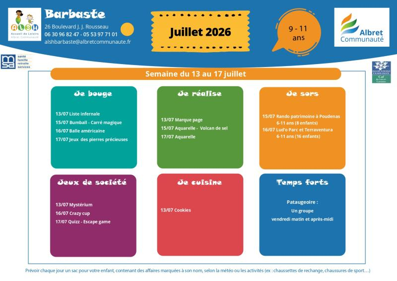 ALSH barbaste planning vacances 13 17 juillet 9 11 ans