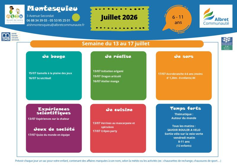 ALSH montesquieu planning vacances 13 17 juillet 6 11 ans
