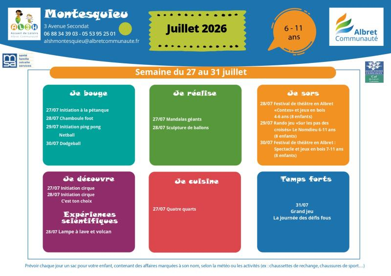 ALSH montesquieu planning vacances 27 31 juillet 6 11 ans
